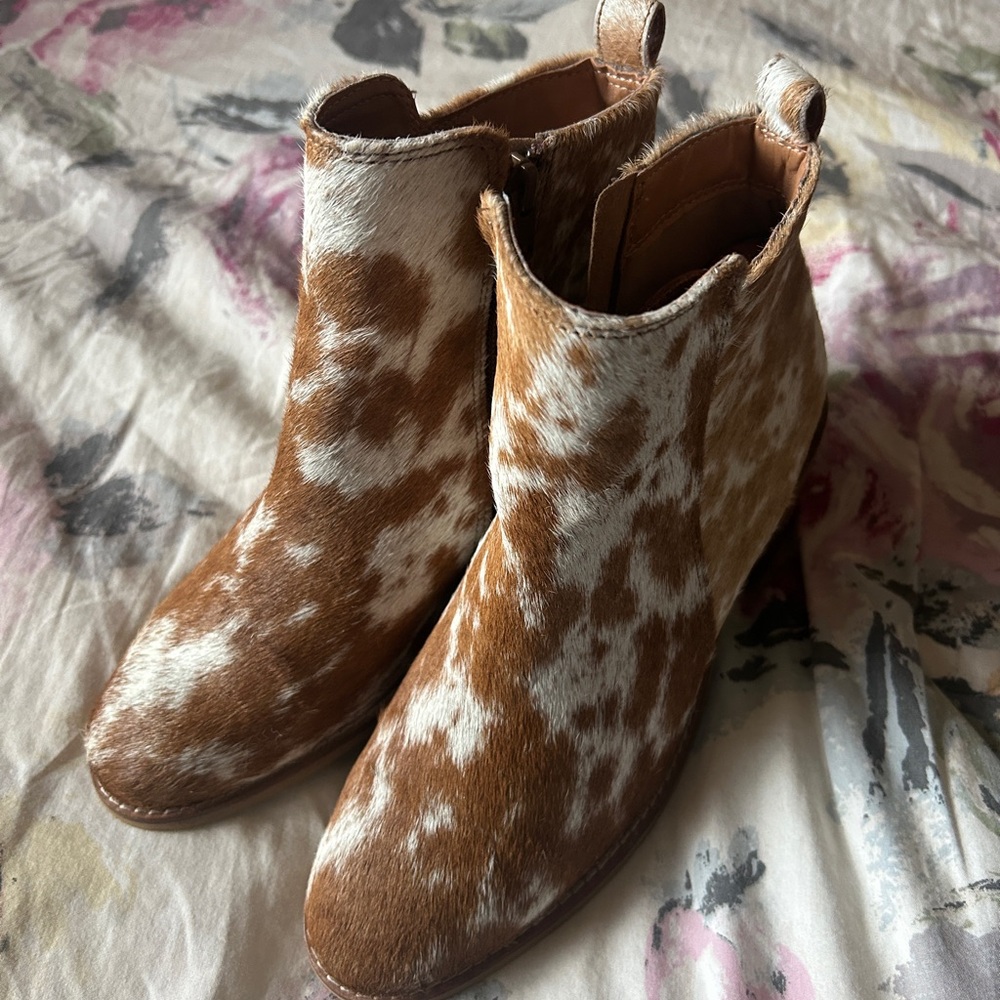 Myra Bag Brown and White Ankle Booties with Cowhide Pattern